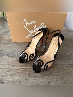 Christian Louboutin Black Patent PVC Peep Toe Slingback Heels Size 37 Box
